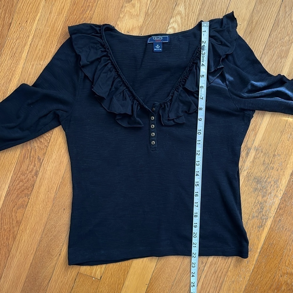 Chaps Y2K Style Black Ruffle Collar 3/4 Sleeve 100% Cotton Knit T-Shirt Blouse - Picture 8 of 11
